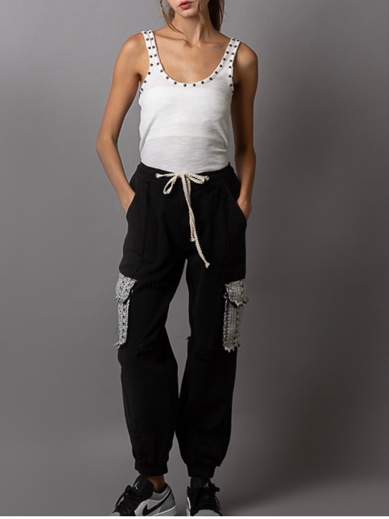 POL Pants - POL SMP494 Black Crochet Pocket Jogger Pants | Boho Cargo | NWOT